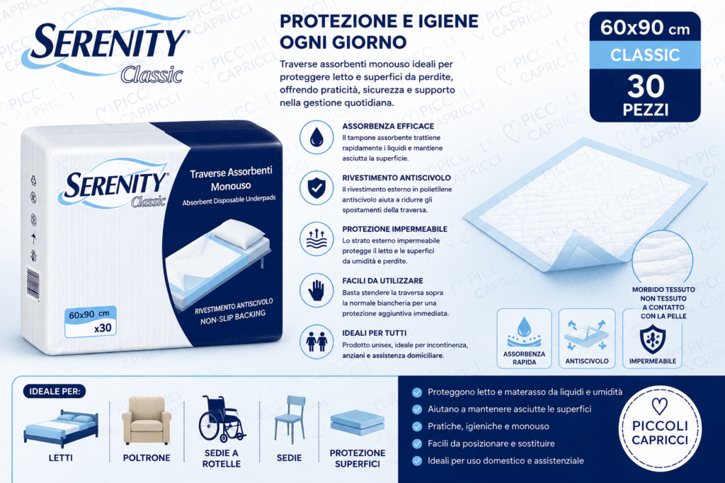 Serenity Classic Traverse Assorbenti 60×90 cm – Teli Protettivi Monouso Salvamaterasso 30 Pezzi