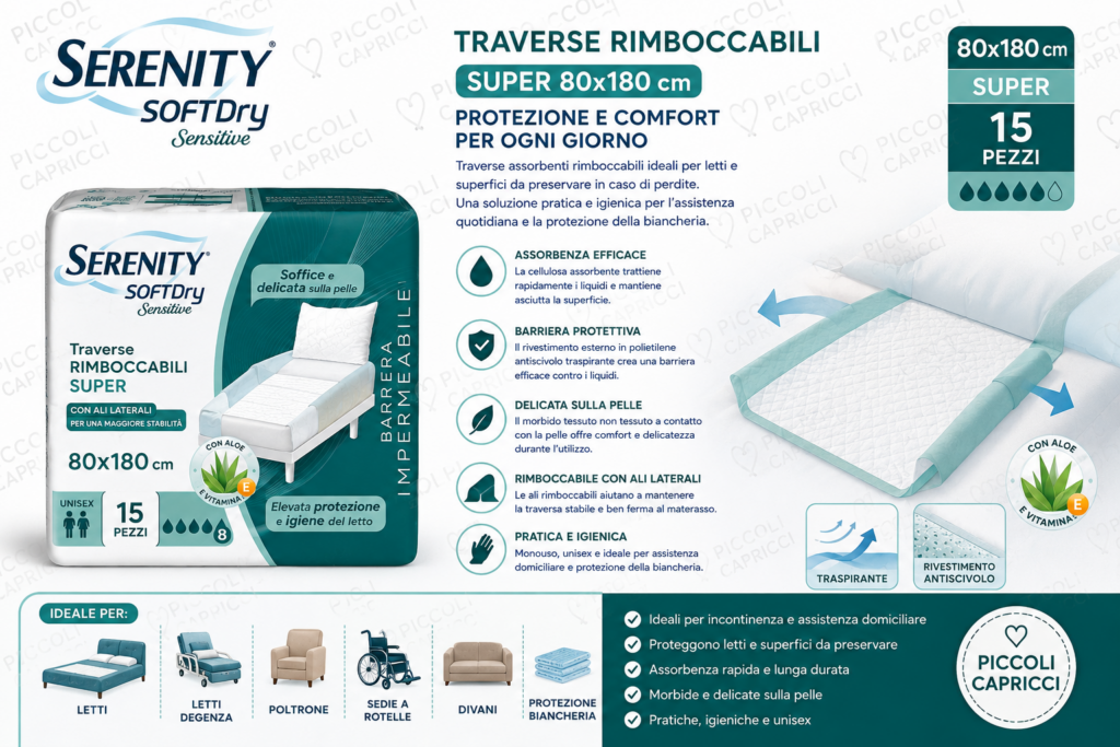 Serenity Soft Dry Sensitive Traverse Rimboccabili Super 80×180 cm – Teli Protettivi Assorbenti 15 Pezzi