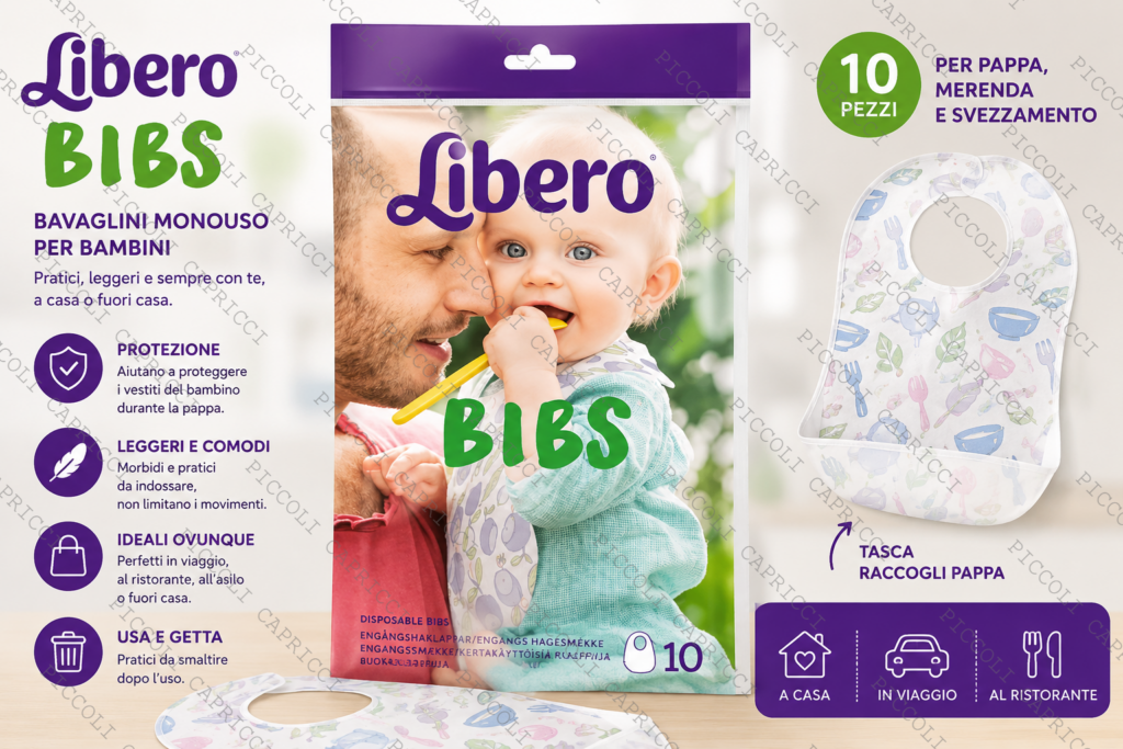 Libero Bibs Bavaglini Monouso per Bambini 10 Pezzi – Bavagli Assorbenti Impermeabili con Tasca Raccoglipappa