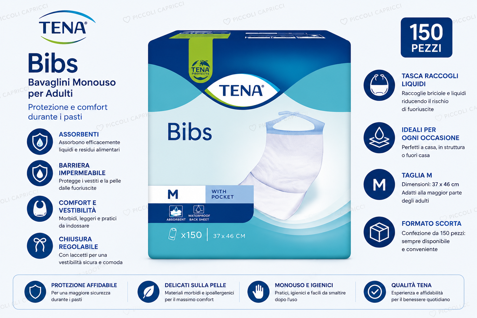 Tena Bibs Bavaglini Monouso per Adulti Taglia M Bavagli Assorbenti 150 Pezzi