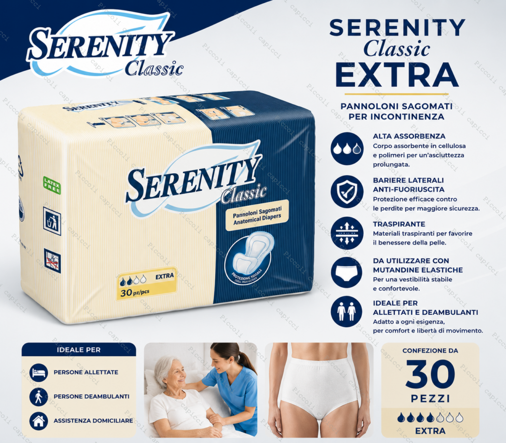 Serenity Classic Extra Pannoloni Sagomati per Incontinenza – Assorbenti per Adulti Alta Assorbenza 30 Pezzi