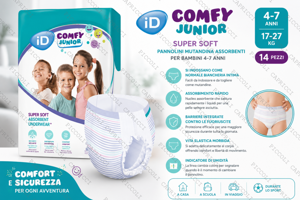 ID Comfy Junior Super Soft Pannolini Mutandina 17-27 kg 14 Pezzi – Pannolini Assorbenti per Bambini 4-7 Anni