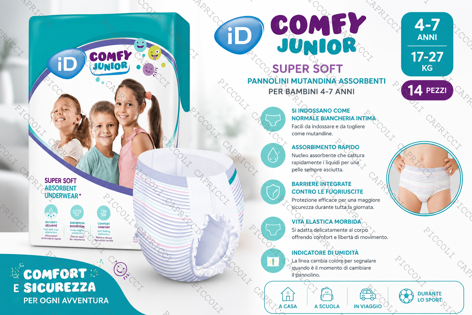 ID Comfy Junior Super Soft Pannolini Mutandina 17-27 kg 14 Pezzi – Pannolini Assorbenti per Bambini 4-7 Anni