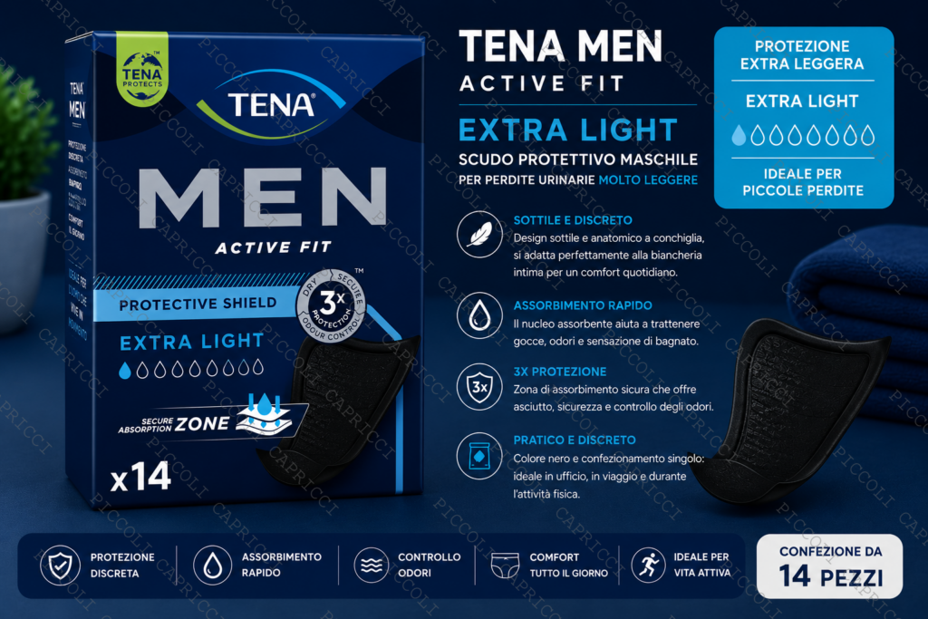 Tena Men Active Fit Level 0 Scudi Protettivi Uomo 14 Pezzi – Assorbenti Maschili per Perdite Urinarie Molto Leggere