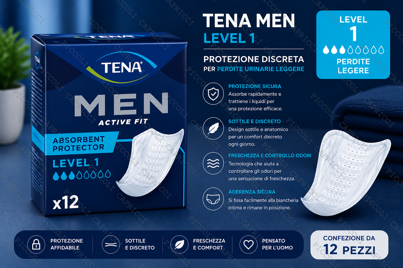 Tena Men Level 1 Assorbenti Uomo per Perdite Urinarie Leggere 12 Pezzi – Salvaslip Maschili Discreti