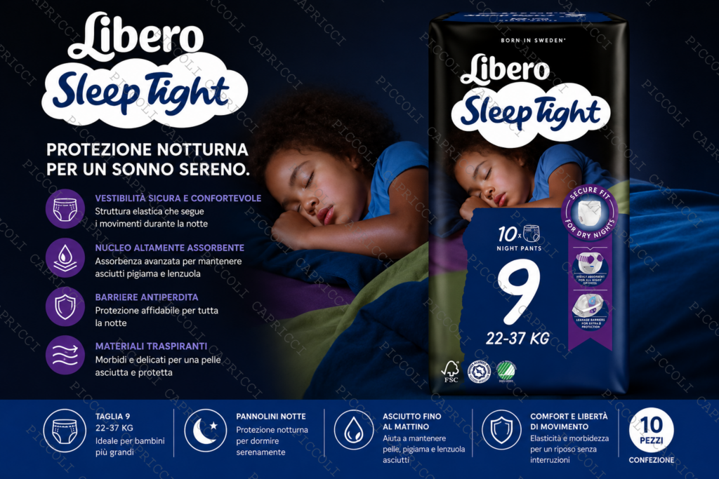 Libero Sleep Tight Taglia 9 Pannolini Notte 22-37 kg 10 Pezzi – Pannolini Assorbenti Notturni per Bambini