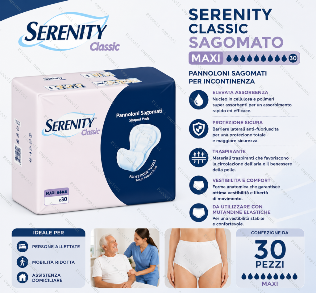 Serenity Classic Maxi Pannoloni Sagomati per Incontinenza – Assorbenti per Adulti Alta Assorbenza 30 Pezzi