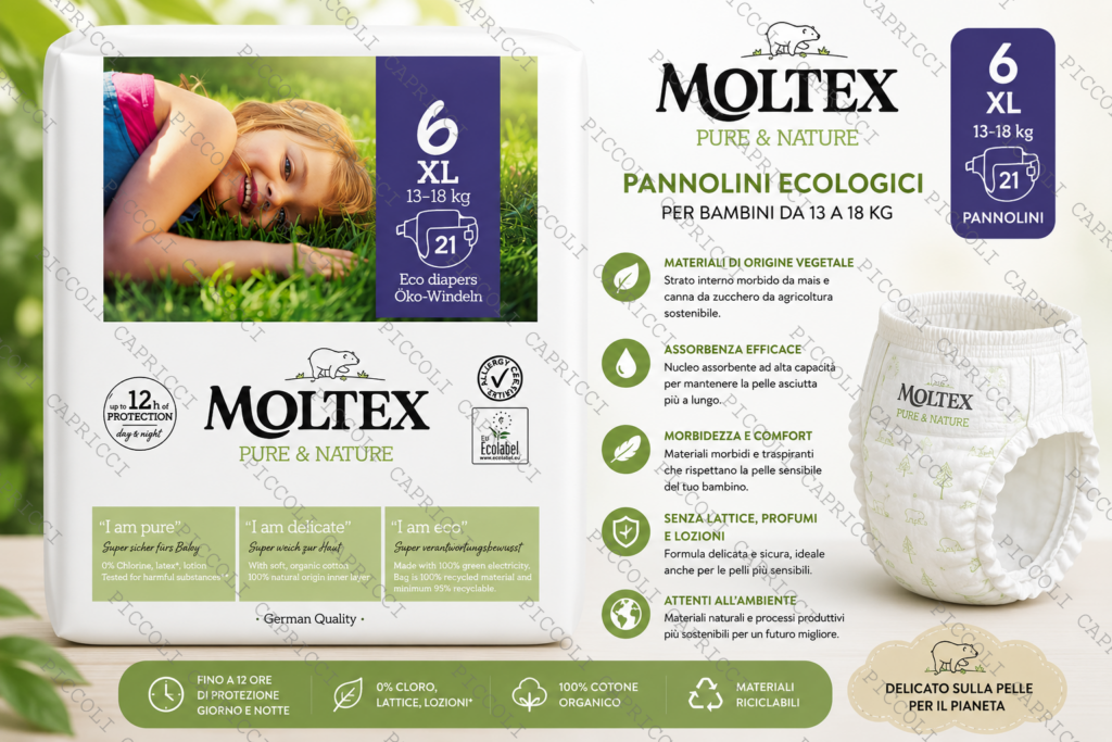 Moltex Extra Large Taglia 6 Pannolini Assorbenti 13-18 kg 21 Pezzi – Pannolini Ecologici per Bambini