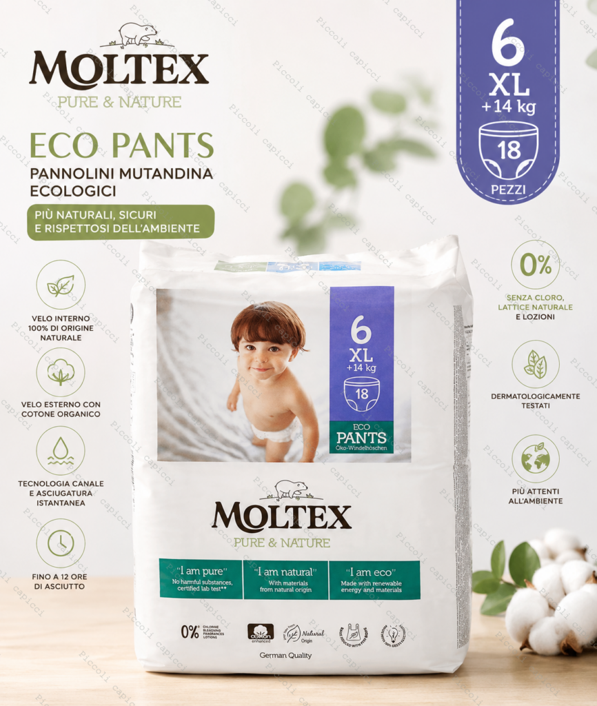Moltex Eco Pants Taglia 6 XL Pannolini Mutandina per Bambini oltre 14 kg – Pannolini Assorbenti Eco 18 Pezzi