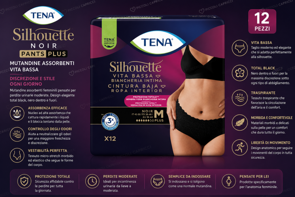 Tena Silhouette Noir Pants Plus Vita Bassa Taglia M Mutandine Assorbenti 12 Pezzi