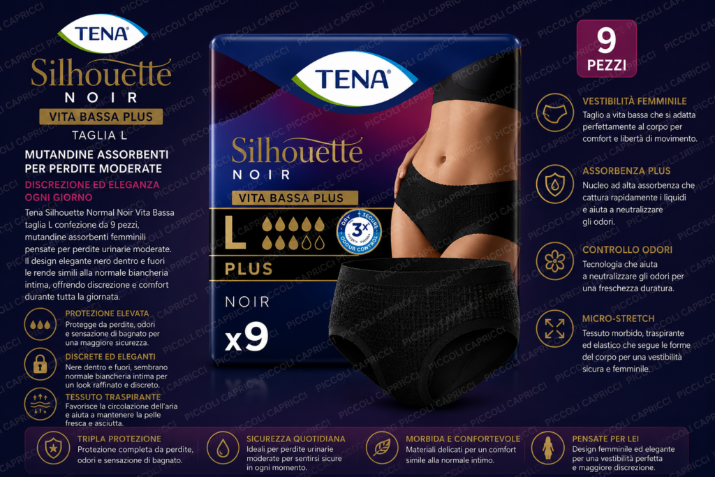 Tena Silhouette Noir Pants Vita Bassa Taglia L Nero – Mutandine Assorbenti 9 Pezzi