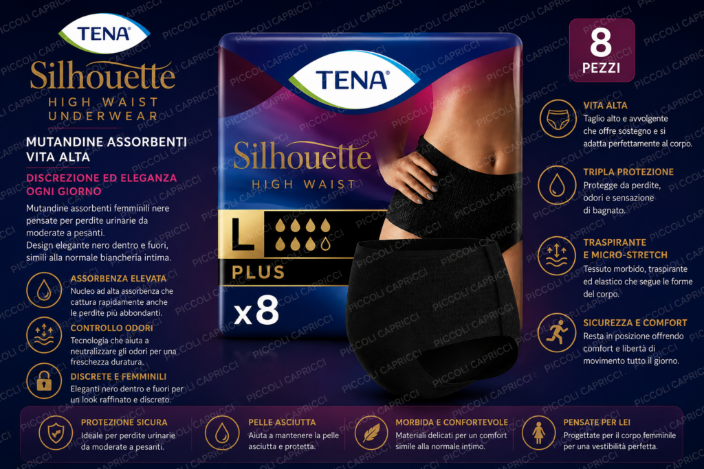 Tena Silhouette Noir Pants Vita Alta Taglia L Nero Mutandine Assorbenti 8 Pezzi