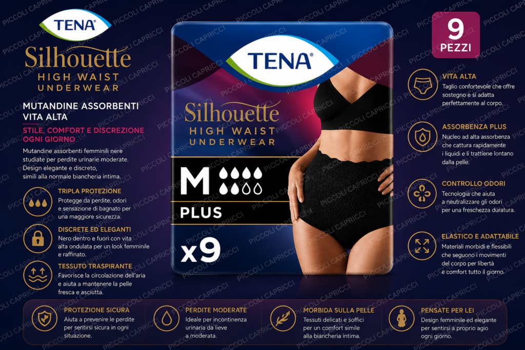 Tena Silhouette Noir Pants Vita Alta Taglia M Nero Mutandine Assorbenti 9 Pezzi