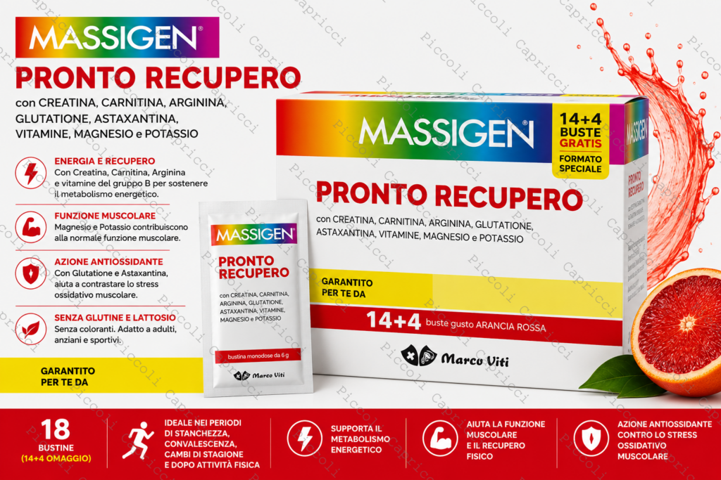 Massigen Pronto Recupero Gusto Arancia Rossa 18 Bustine (14+4 Omaggio) – Integratore Energetico per Stanchezza e Recupero