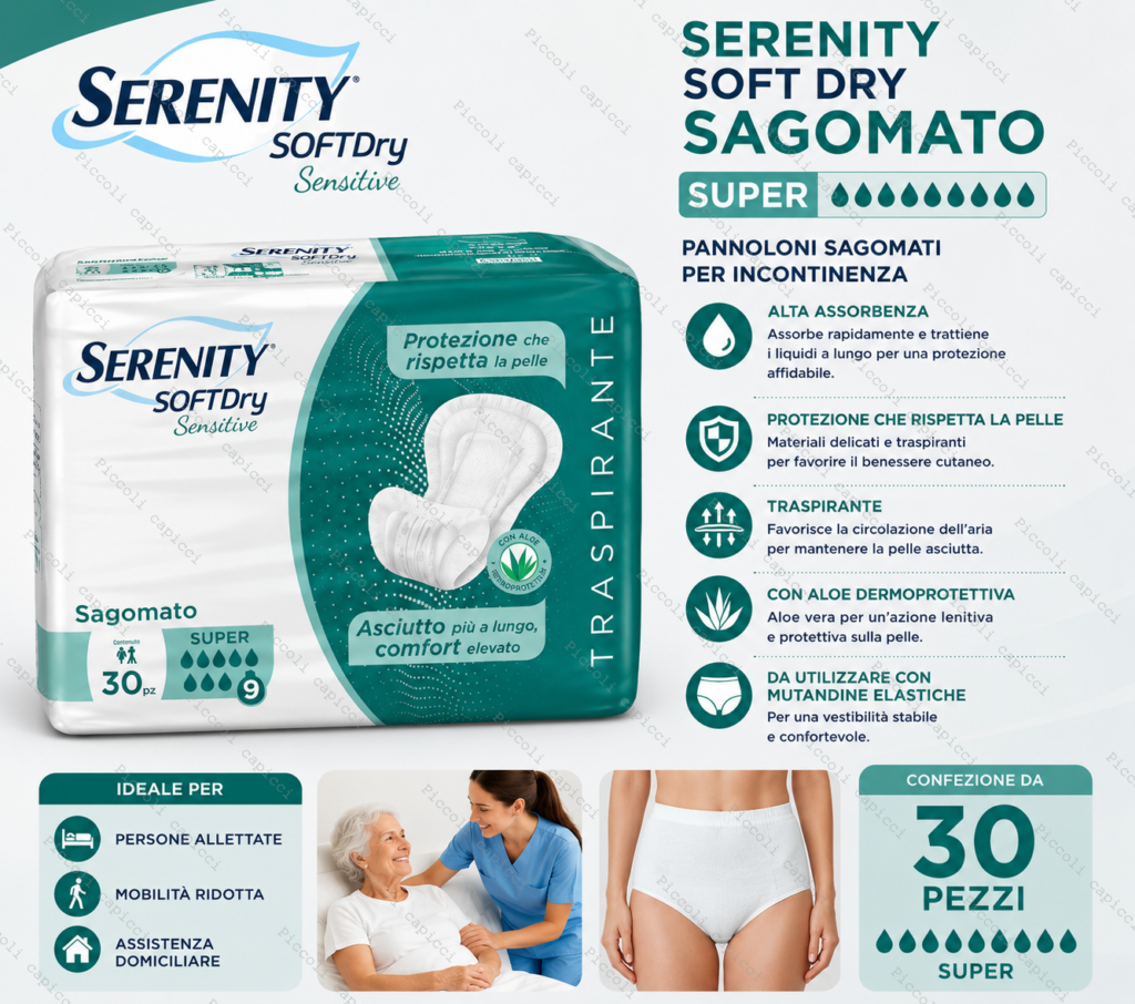 Serenity Soft Dry Super Pannoloni Sagomati con Aloe per Incontinenza Adulti 30 Pezzi