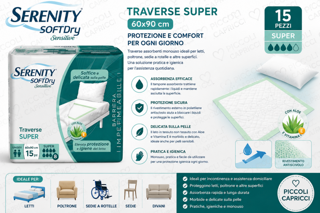 Serenity Soft Dry Sensitive Traverse Super 60×90 cm – Teli Protettivi Assorbenti 15 Pezzi