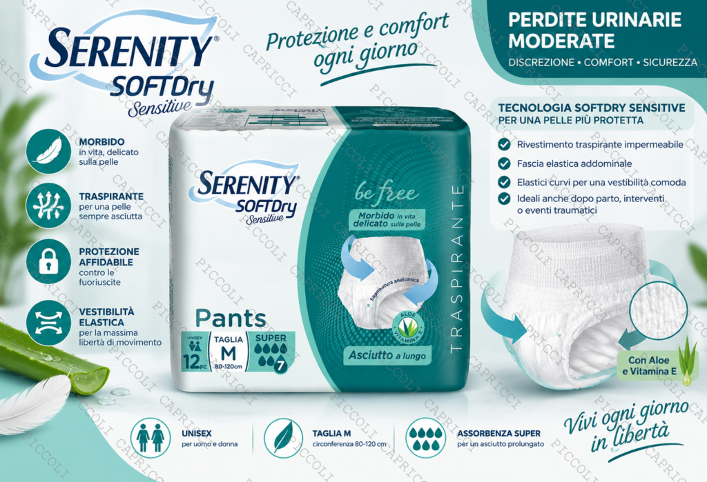 Serenity Pants SoftDry Sensitive Super con Aloe Taglia M 12 Pezzi – Mutandine Assorbenti per Incontinenza