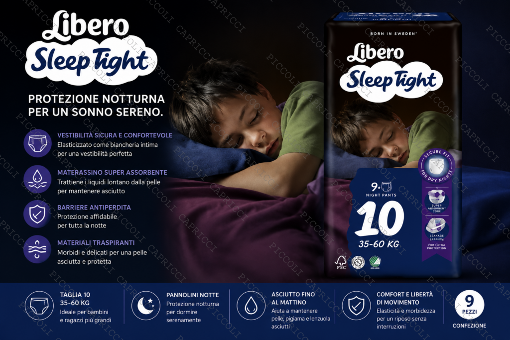 Libero Sleep Tight Taglia 10 Pannolini Notte 35-60 kg 9 Pezzi – Pannolini Assorbenti Notturni per Bambini