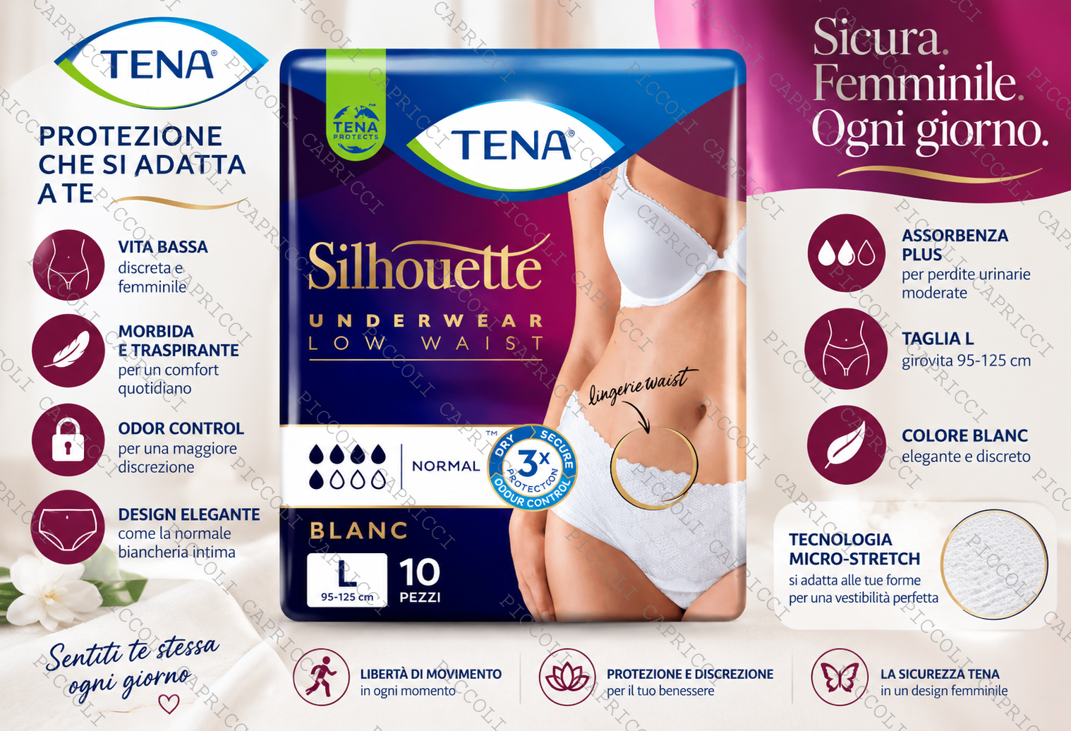 TENA Silhouette Blanc Pants Plus Vita Bassa Taglia L 10 Pezzi – Mutandine Assorbenti Donna per Incontinenza