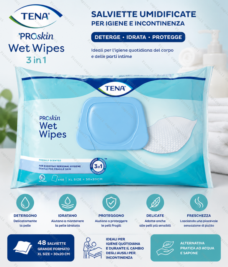 TENA Wet Wipes 3 in 1 Salviette Umidificate per Igiene e Incontinenza – Salviette Detergenti Delicate 48 Pezzi