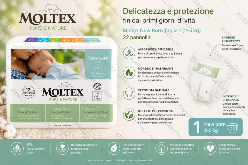 Moltex Pannolini New Born Taglia 1 (2-5 kg) Ecologici Delicati 22 Pannolini