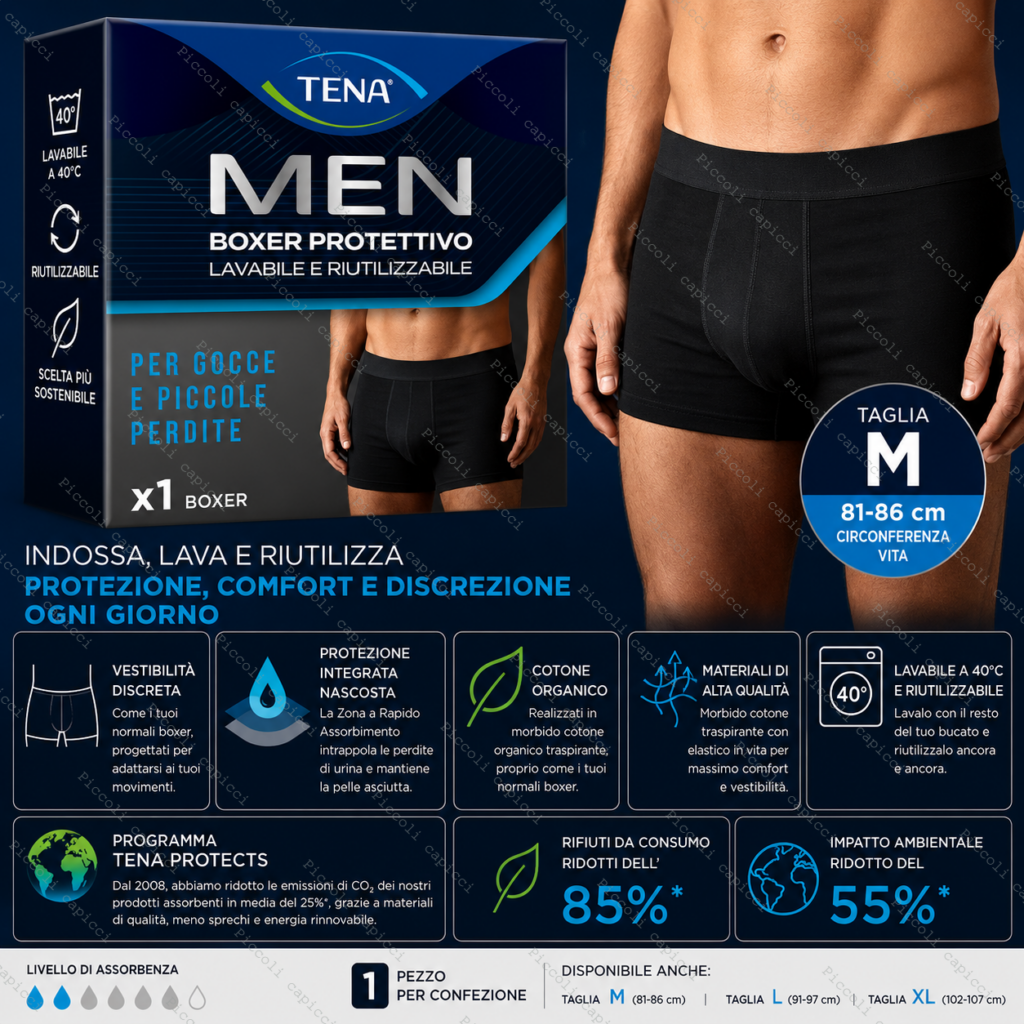 TENA Men Protective Boxer Lavabile Taglia M – Boxer Uomo Assorbente Riutilizzabile per Gocce e Piccole Perdite 1 Pz