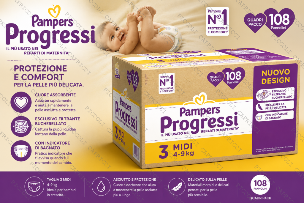 Pampers Progressi Taglia 3 Quadripack 108 Pannolini – Pannolini Assorbenti per Bambini 6-10 kg