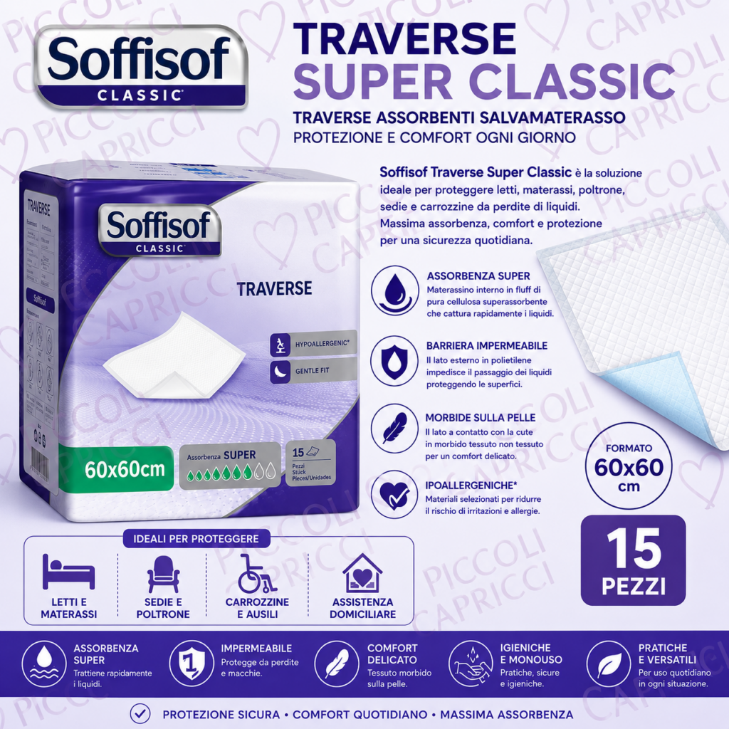 Soffisof Traverse Super Classic 60×60 cm – Traverse Assorbenti Salvamaterasso e Salvasedia 15 Pezzi
