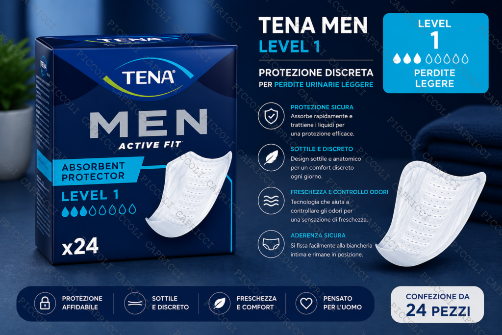 Tena Men Level 1 Assorbenti Uomo per Perdite Urinarie Leggere 24 Pezzi – Salvaslip Maschili Discreti