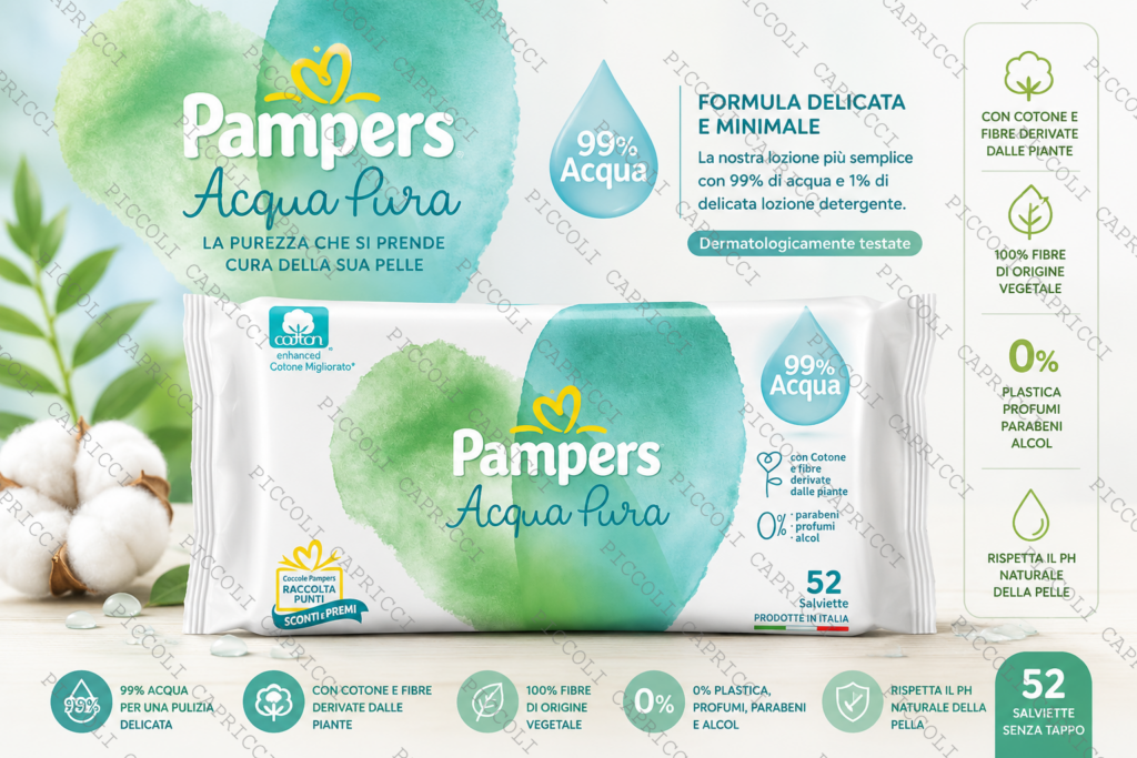 Pampers Naturello Acqua Pura Salviette Detergenti 52 Pezzi Senza Tappo – Salviette Umidificate per Neonati e Bambini