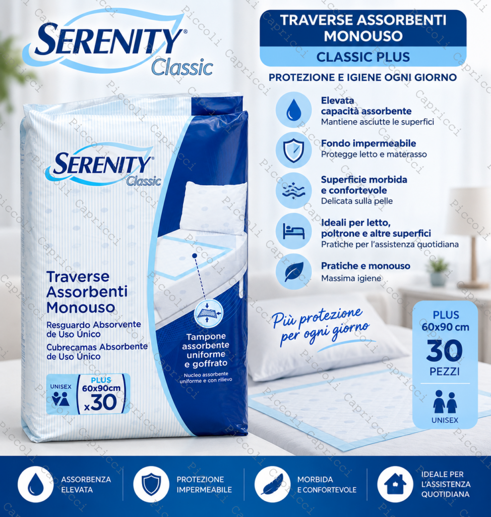 Serenity Classic Plus Traverse Assorbenti Monouso 60x90 cm 30 Pezzi – Protezione Letto per Incontinenza