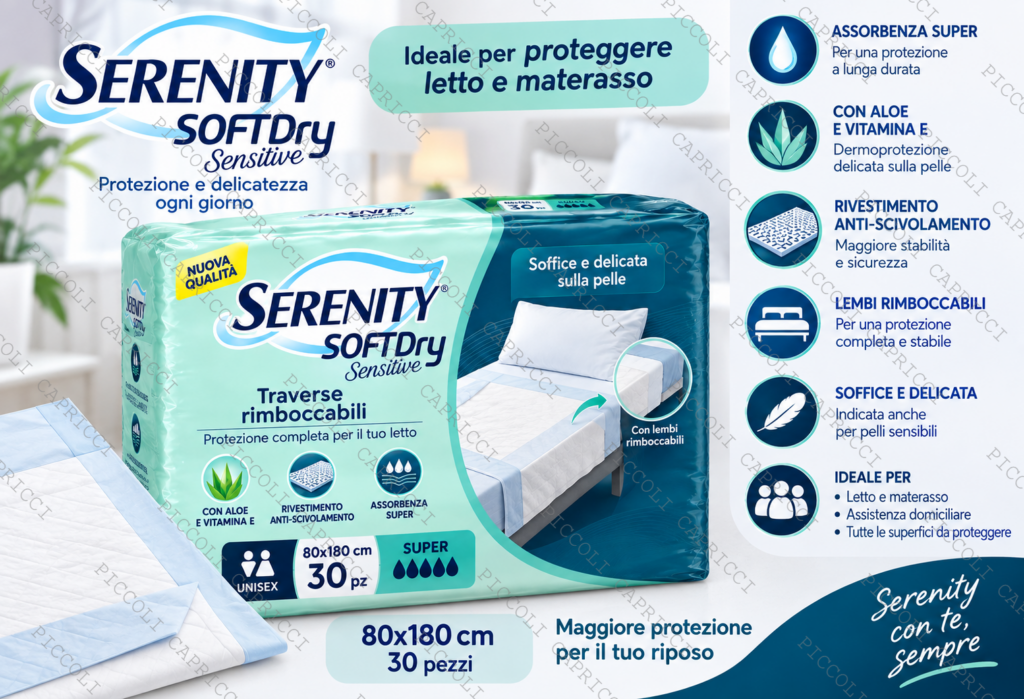 Serenity SoftDry Sensitive Super Traverse Rimboccabili 80x180 cm 30 Pezzi – Traverse Assorbenti per Letto